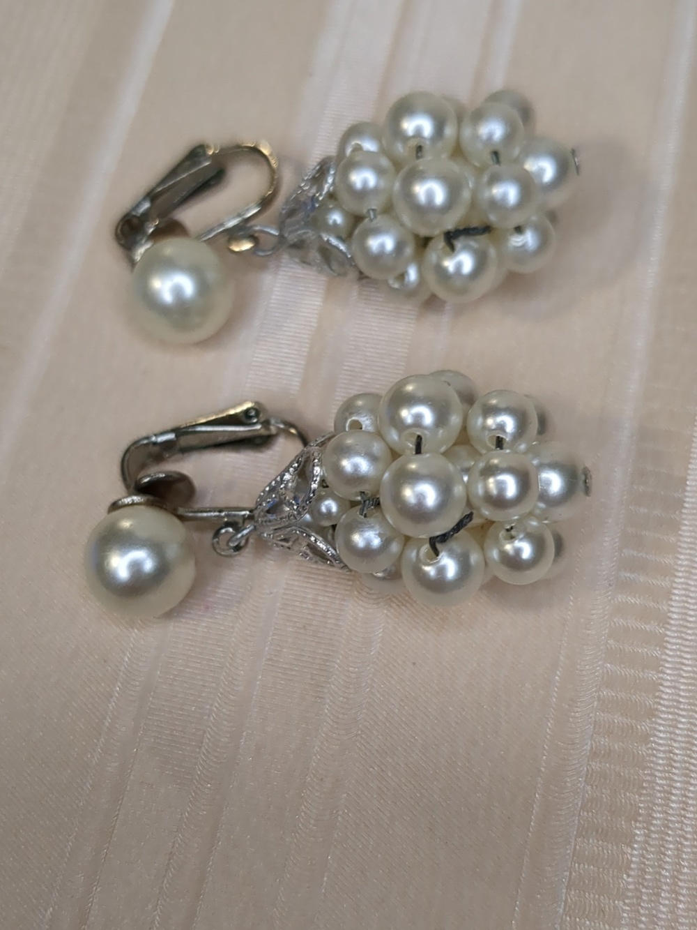 Vintage 60s Grape Cluster Silver Leaf Earrings with Cream Pearl Drops MCM